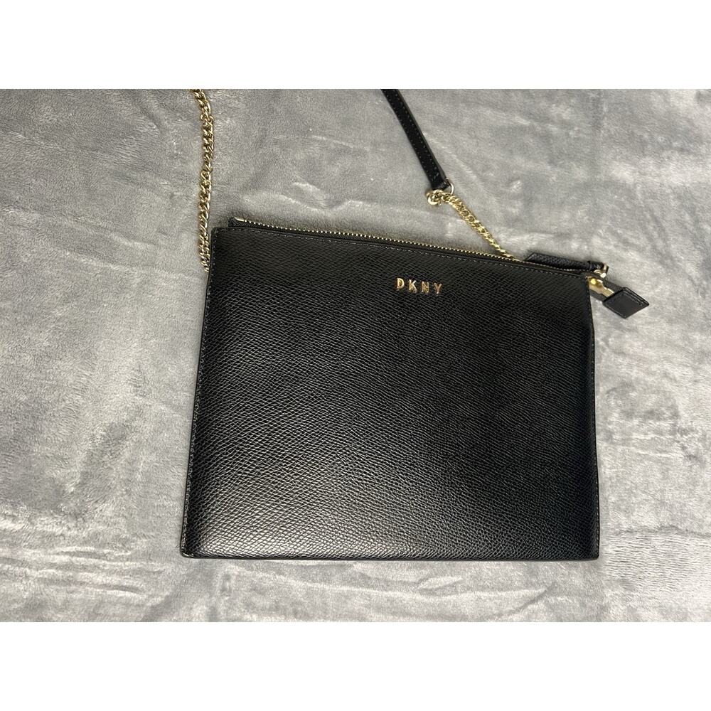 DKNY Black Saffiano Leather Evening Bag Removable Strap Chain Date Night Y2K - Picture 7 of 13